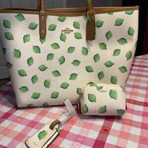 Coach City Tote Lime Print Reversible Bag, Mini Cosmetic Case & New Luggage Tag